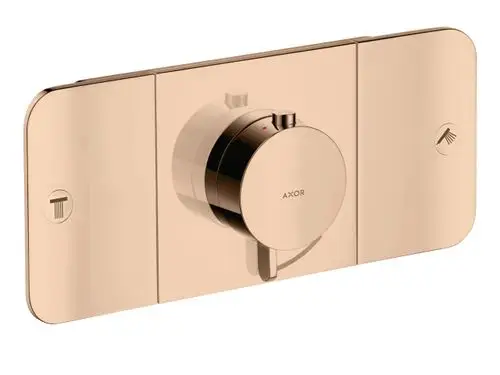 Thermostatmodul der Marke AXOR in poliertem Rotgold für die Unterputzinstallation, mit einem zentralen Regelungselement und zwei Steueroptionen für Verbraucher.